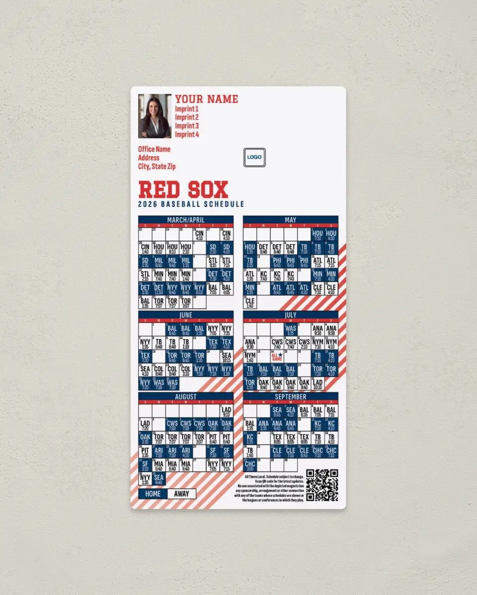 This is a 7" x 3½" Baseball Schedule Magnet called Red Sox printed in full color