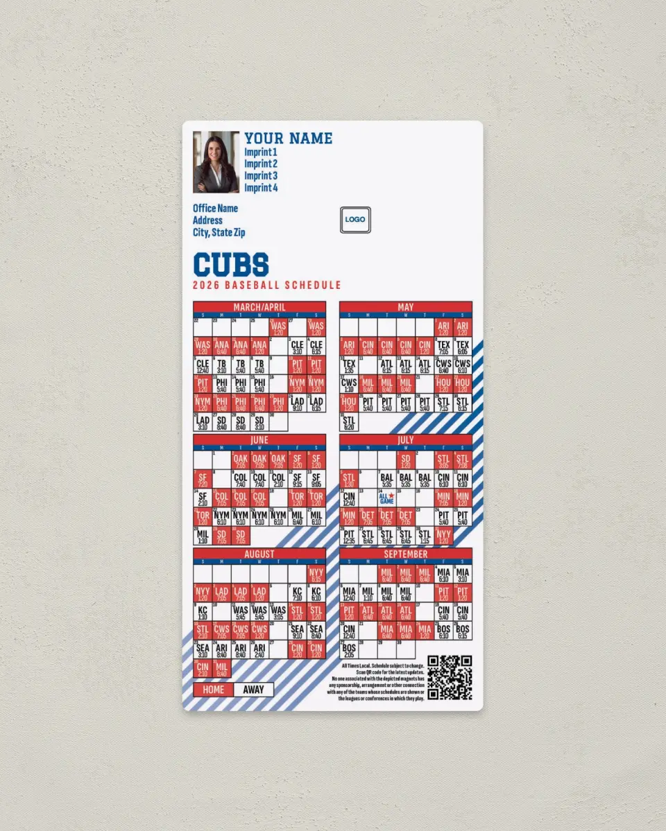 This is a 7" x 3½" Baseball Schedule Magnet called Cubs printed in full color