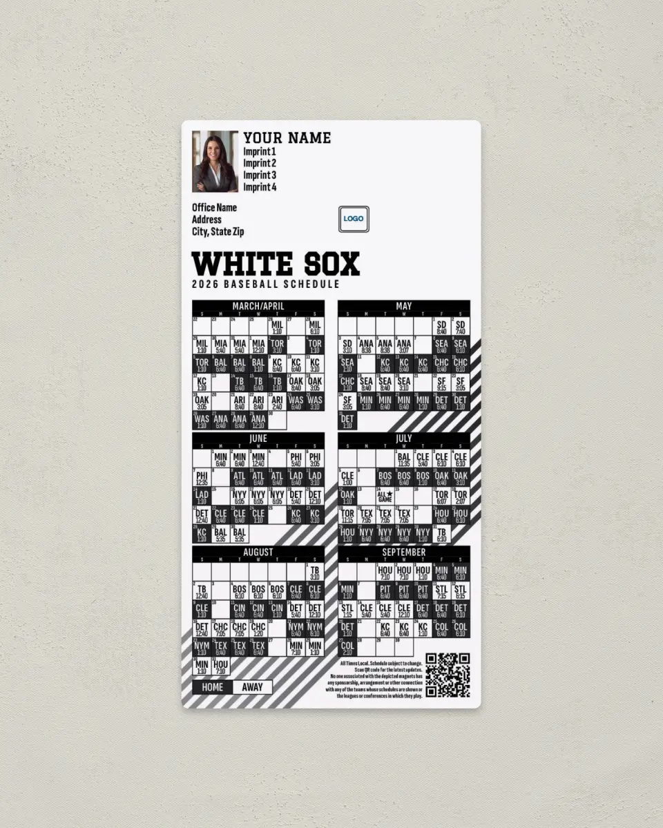 This is a 7" x 3½" Baseball Schedule Magnet called White Sox printed in full color