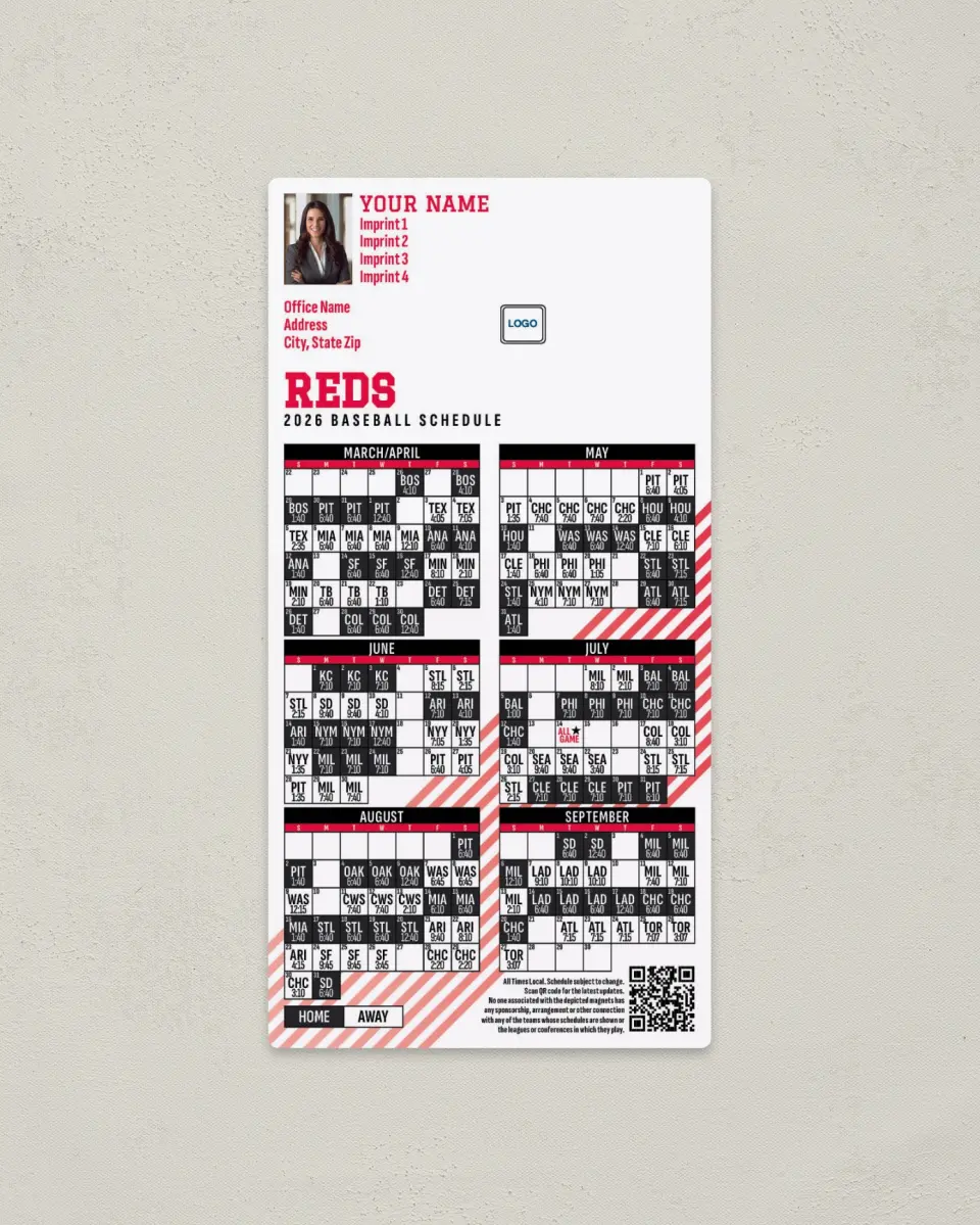 This is a 7" x 3½" Baseball Schedule Magnet called Reds printed in full color