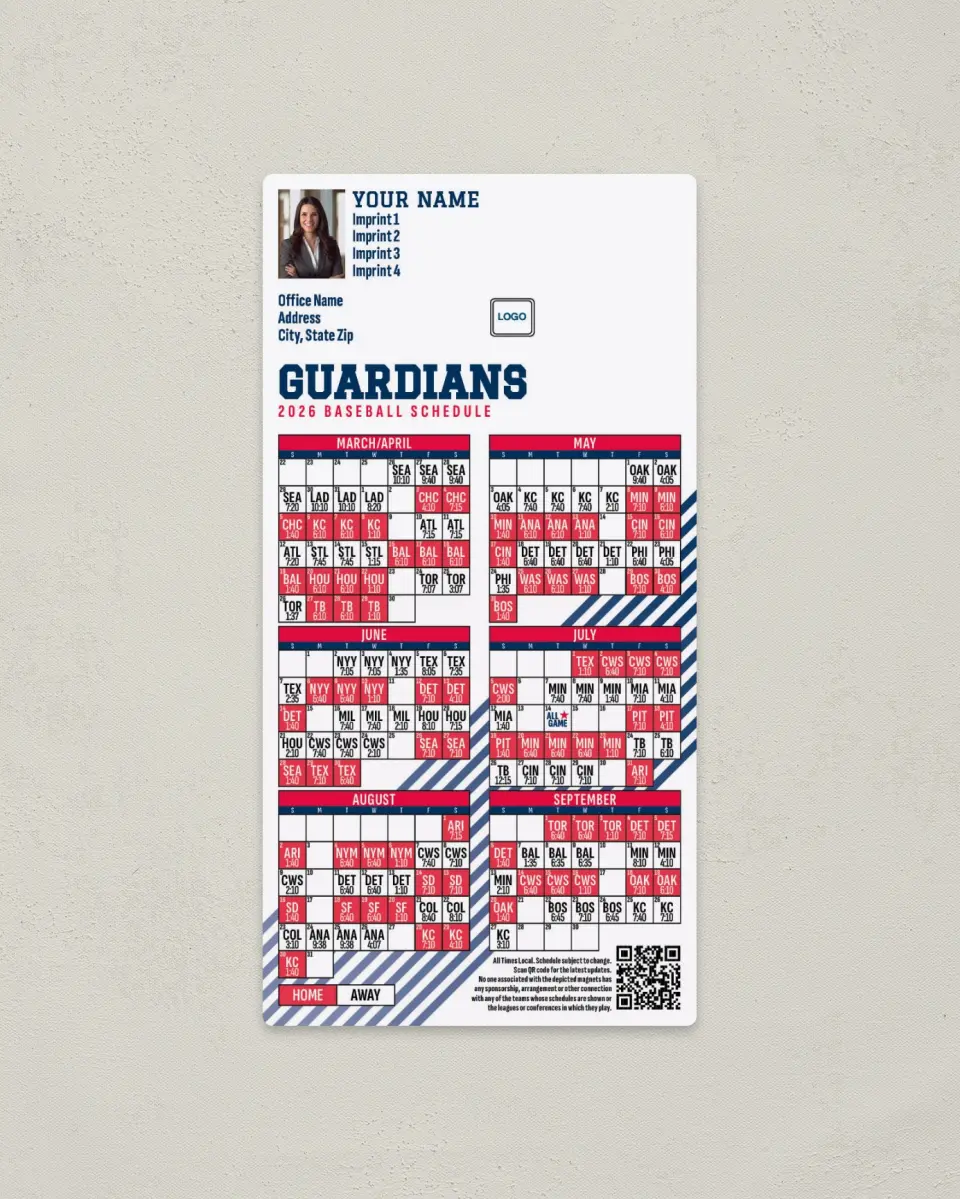 This is a 7" x 3½" Baseball Schedule Magnet called Guardians printed in full color