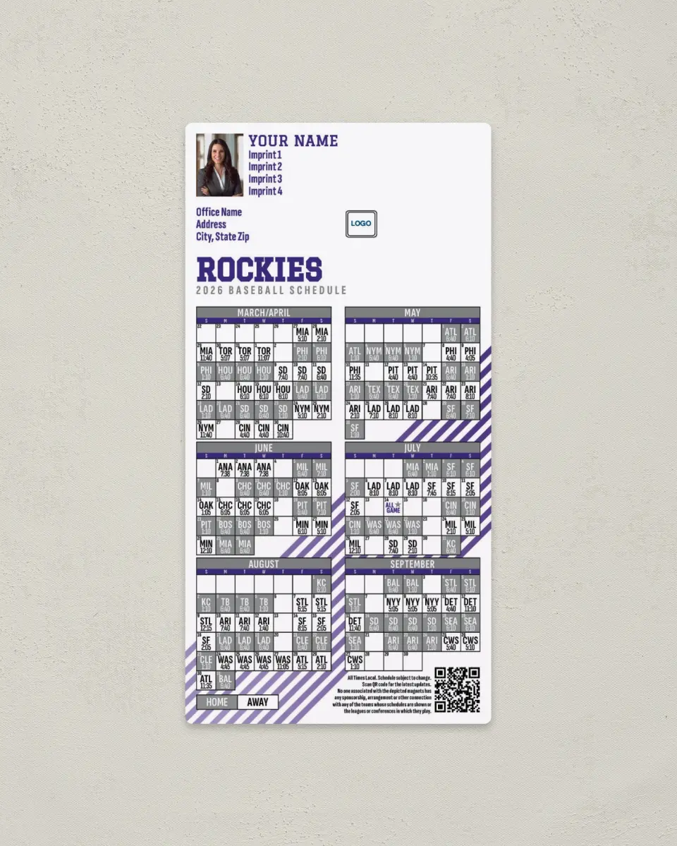 This is a 7" x 3½" Baseball Schedule Magnet called Rockies printed in full color