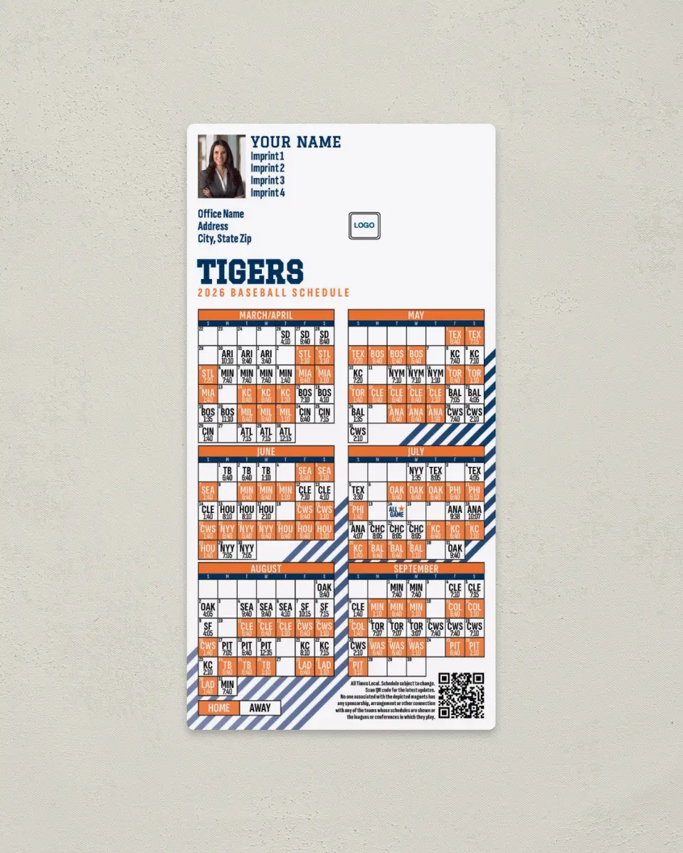This is a 7" x 3½" Baseball Schedule Magnet called Tigers printed in full color