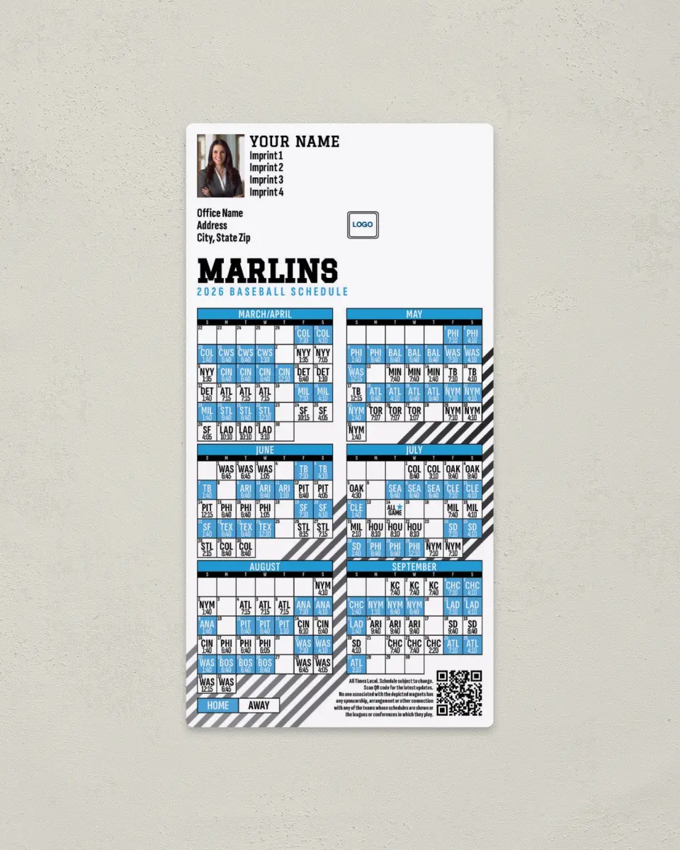 This is a 7" x 3½" Baseball Schedule Magnet called Marlins printed in full color