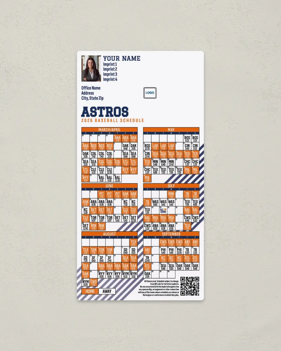 This is a 7" x 3½" Baseball Schedule Magnet called Astros printed in full color