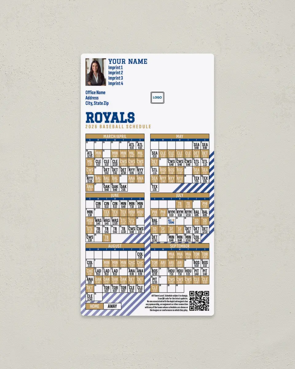 This is a 7" x 3½" Baseball Schedule Magnet called Royals printed in full color