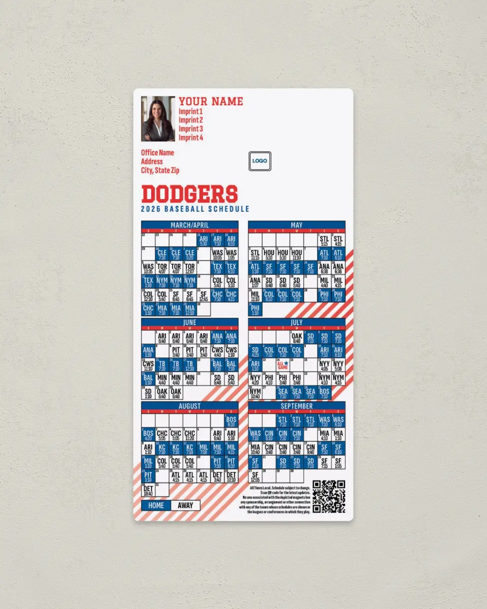 This is a 7" x 3½" Baseball Schedule Magnet called Dodgers printed in full color
