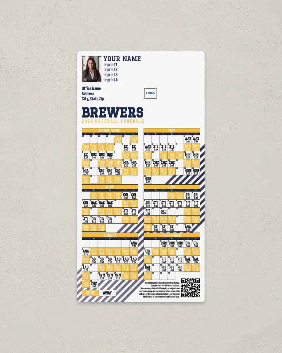 This is a 7" x 3½" Baseball Schedule Magnet called Brewers printed in full color