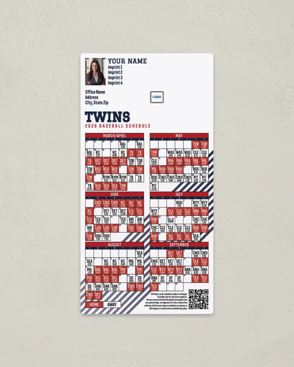This is a 7" x 3½" Baseball Schedule Magnet called Twins printed in full color