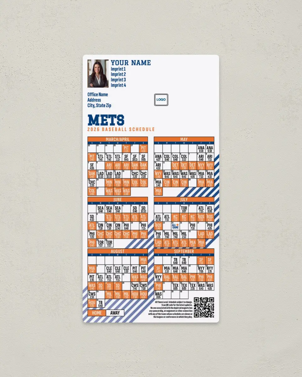 This is a 7" x 3½" Baseball Schedule Magnet called Mets printed in full color