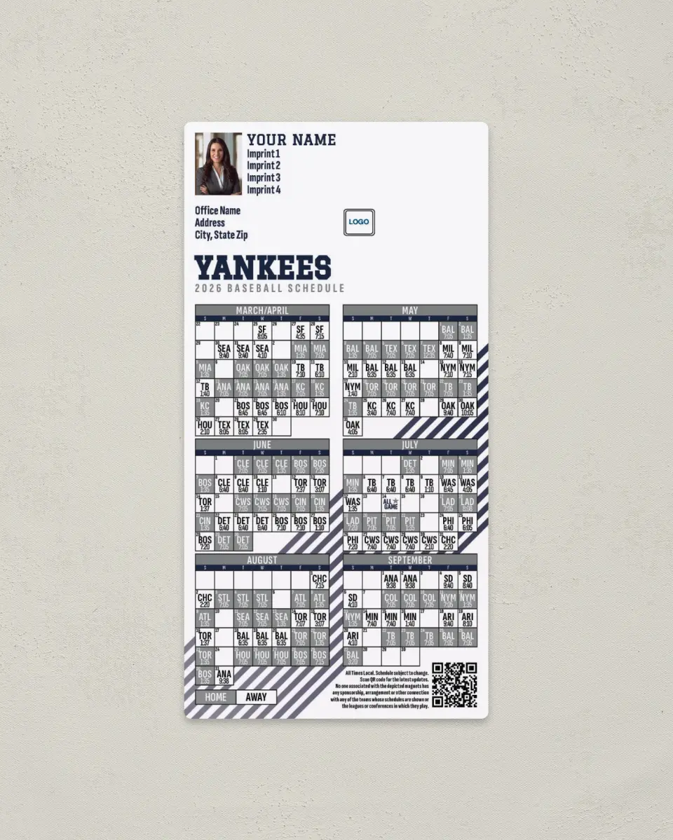 This is a 7" x 3½" Baseball Schedule Magnet called Yankees printed in full color