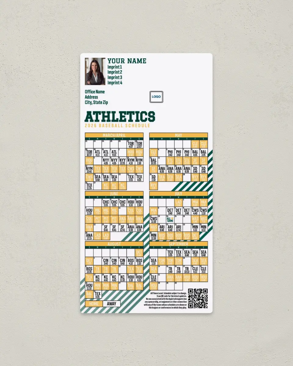 This is a 7" x 3½" Baseball Schedule Magnet called Athletics printed in full color