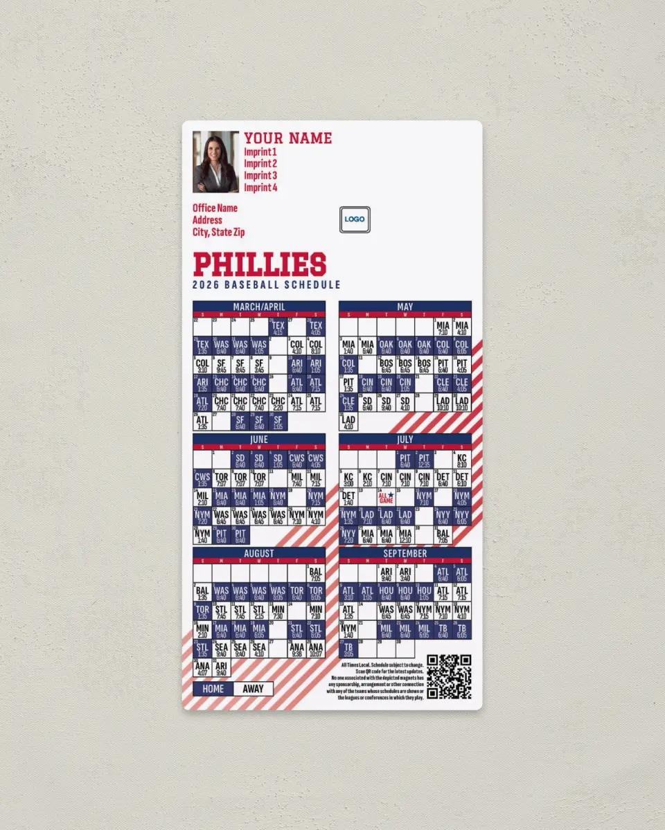 This is a 7" x 3½" Baseball Schedule Magnet called Phillies printed in full color