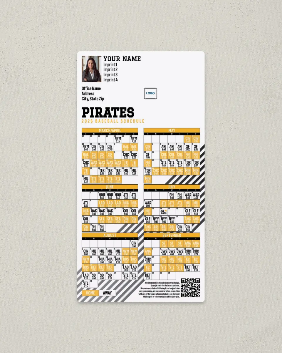 This is a 7" x 3½" Baseball Schedule Magnet called Pirates printed in full color