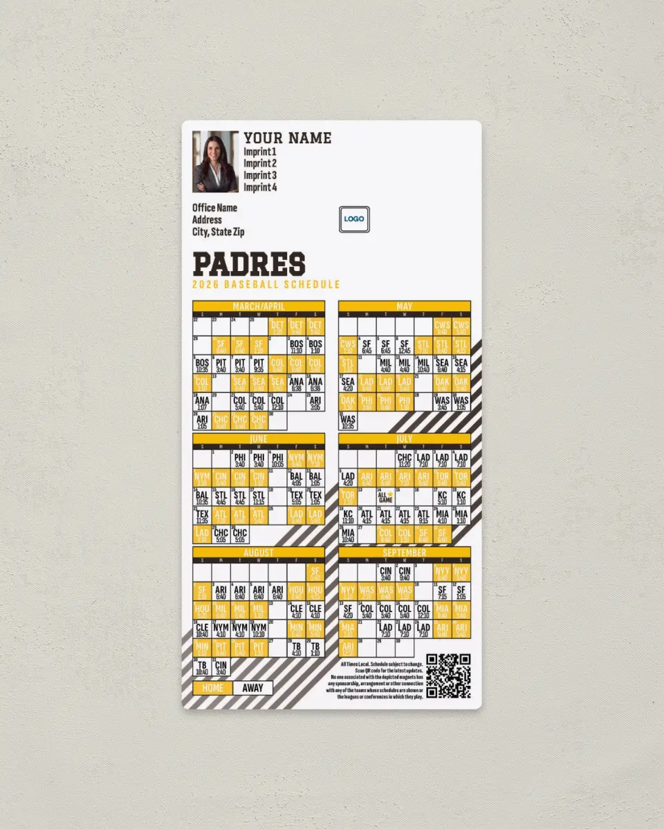This is a 7" x 3½" Baseball Schedule Magnet called Padres printed in full color