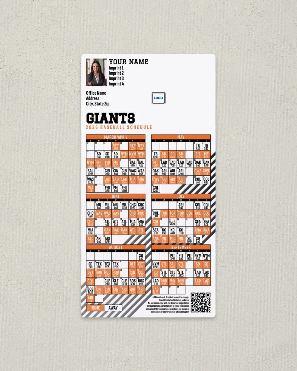 This is a 7" x 3½" Baseball Schedule Magnet called Giants printed in full color