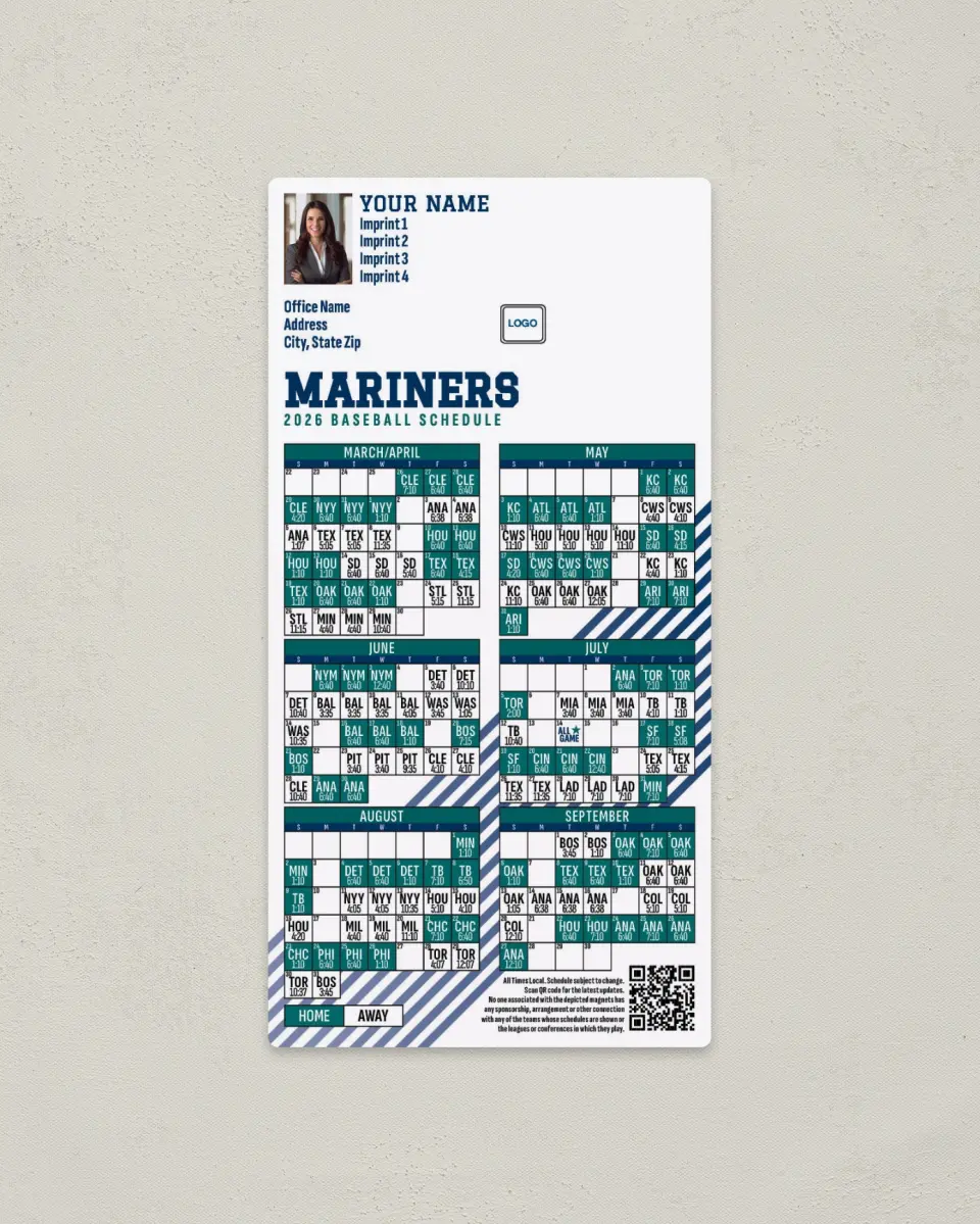 This is a 7" x 3½" Baseball Schedule Magnet called Mariners printed in full color