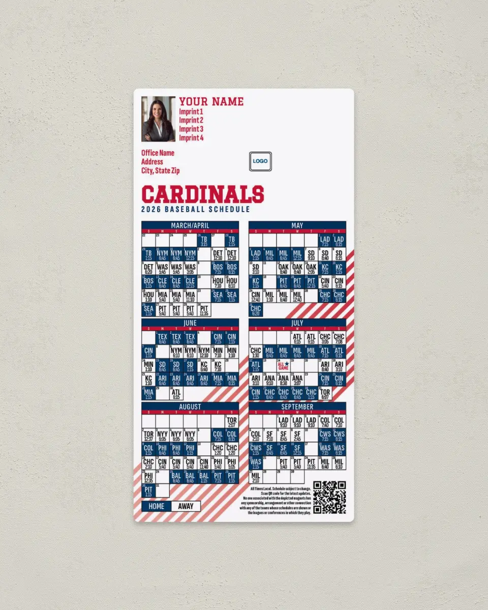 This is a 7" x 3½" Baseball Schedule Magnet called Cardinals printed in full color