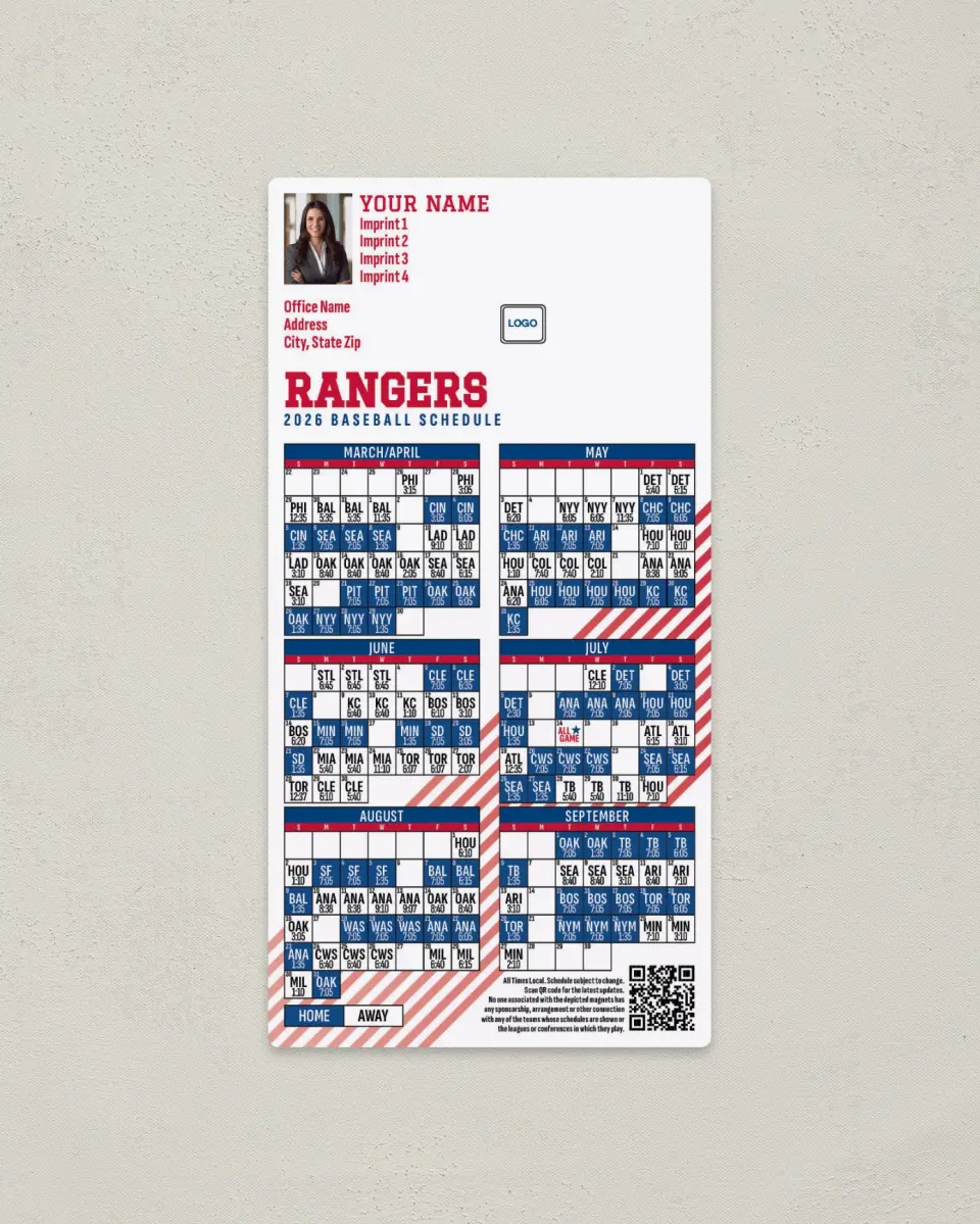 This is a 7" x 3½" Baseball Schedule Magnet called Rangers printed in full color