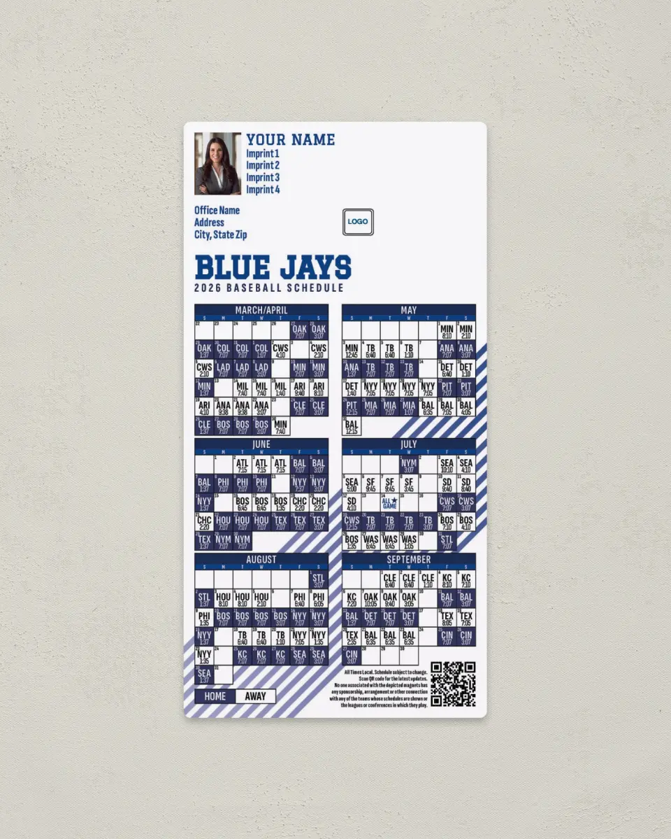 This is a 7" x 3½" Baseball Schedule Magnet called Blue Jays printed in full color