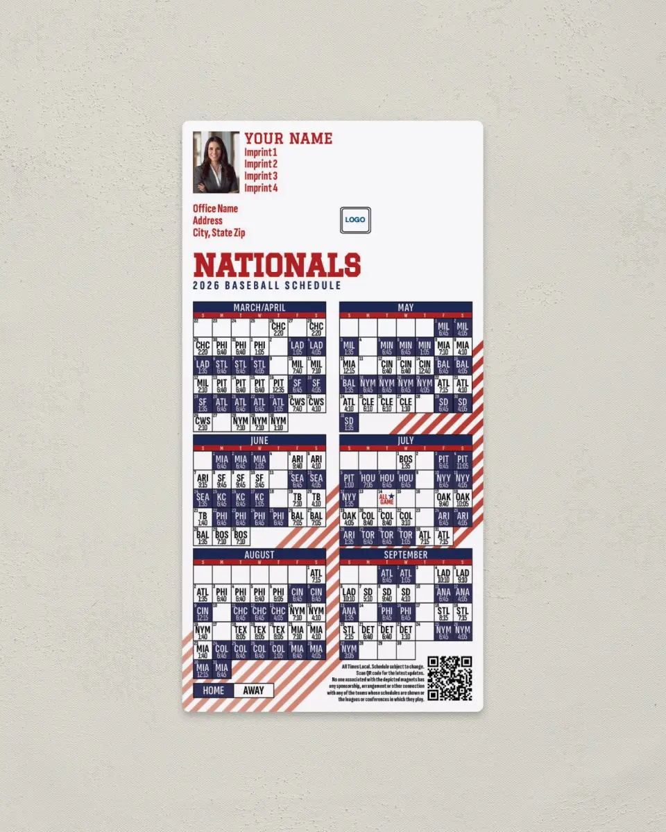 This is a 7" x 3½" Baseball Schedule Magnet called Nationals printed in full color