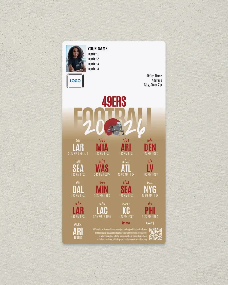This is a 7" x 3½" Football Schedule Magnet called 49ers printed in full color