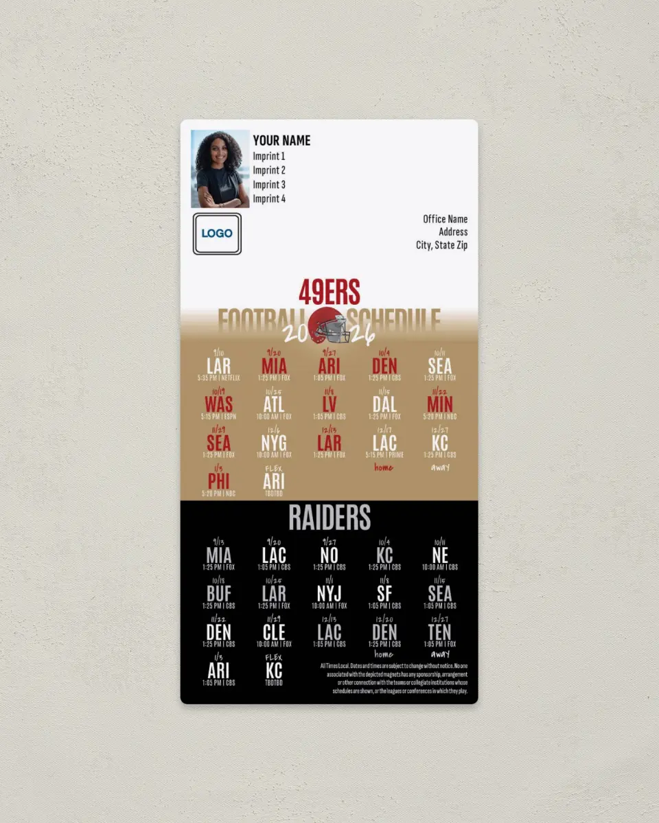 This is a 7" x 3½" Football Schedule Magnet called 49ers + Raiders printed in full color
