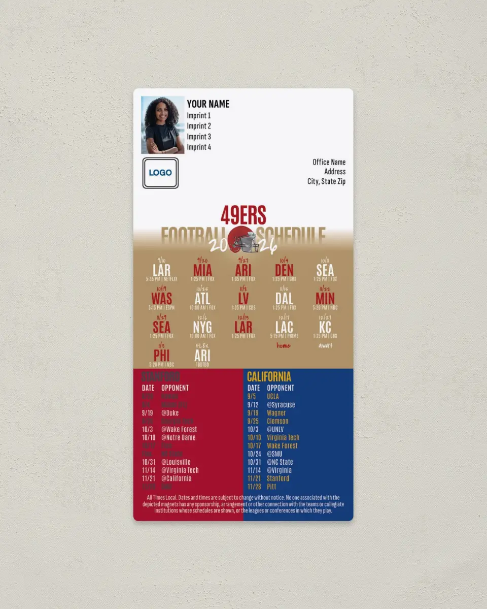 This is a 7" x 3½" Football Schedule Magnet called 49ers + Stanford University + University of California printed in full color