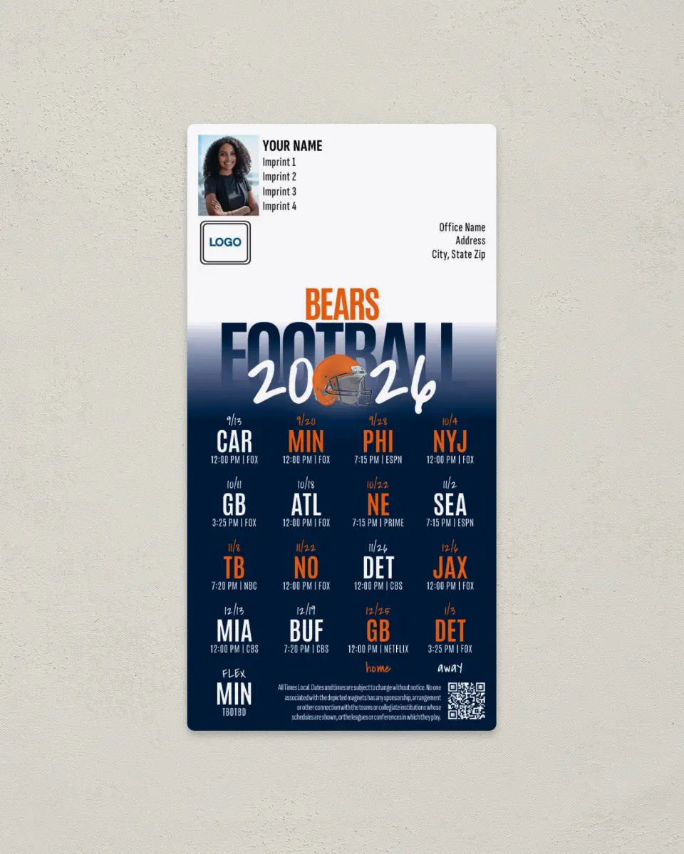 This is a 7" x 3½" Football Schedule Magnet called Chicago Bears printed in full color