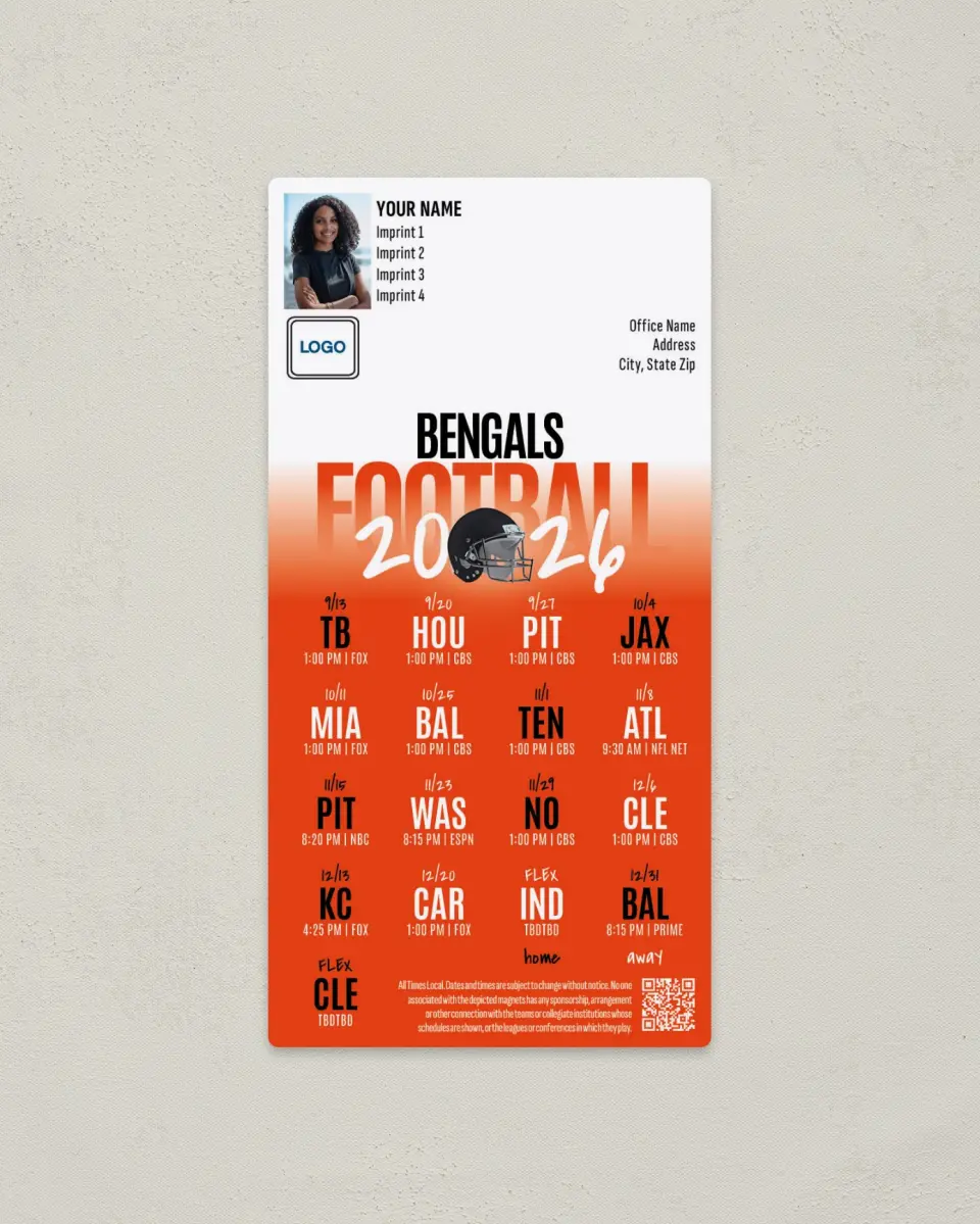 This is a 7" x 3½" Football Schedule Magnet called Cincinnati Bengals printed in full color