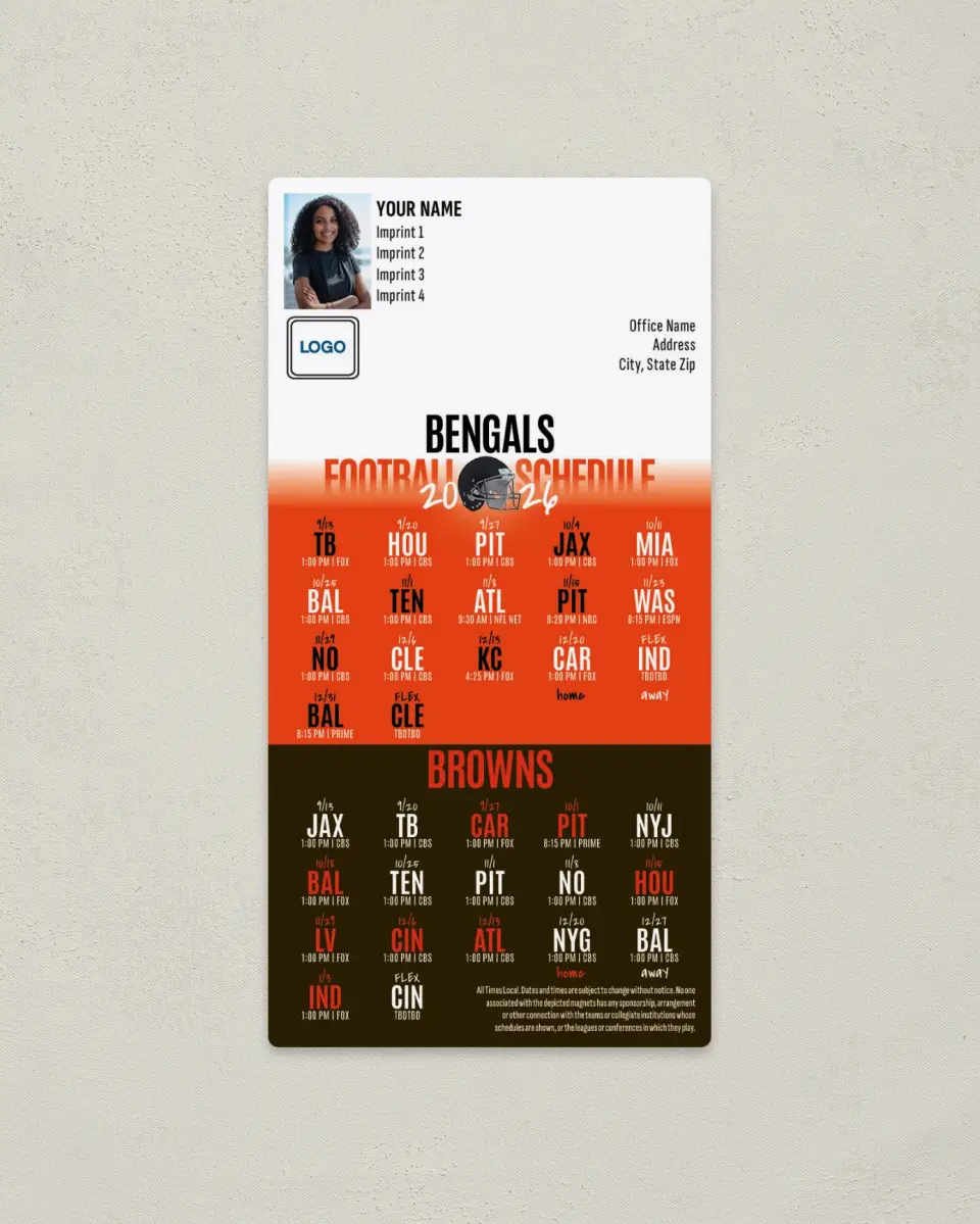 This is a 7" x 3½" Football Schedule Magnet called Bengals + Browns printed in full color