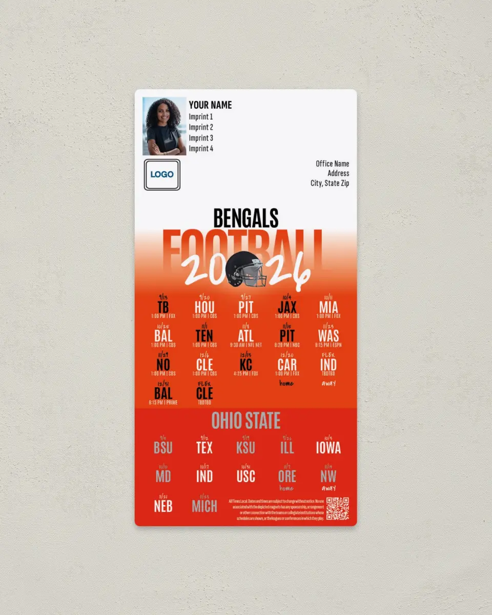 This is a 7" x 3½" Football Schedule Magnet called Bengals + Ohio State printed in full color