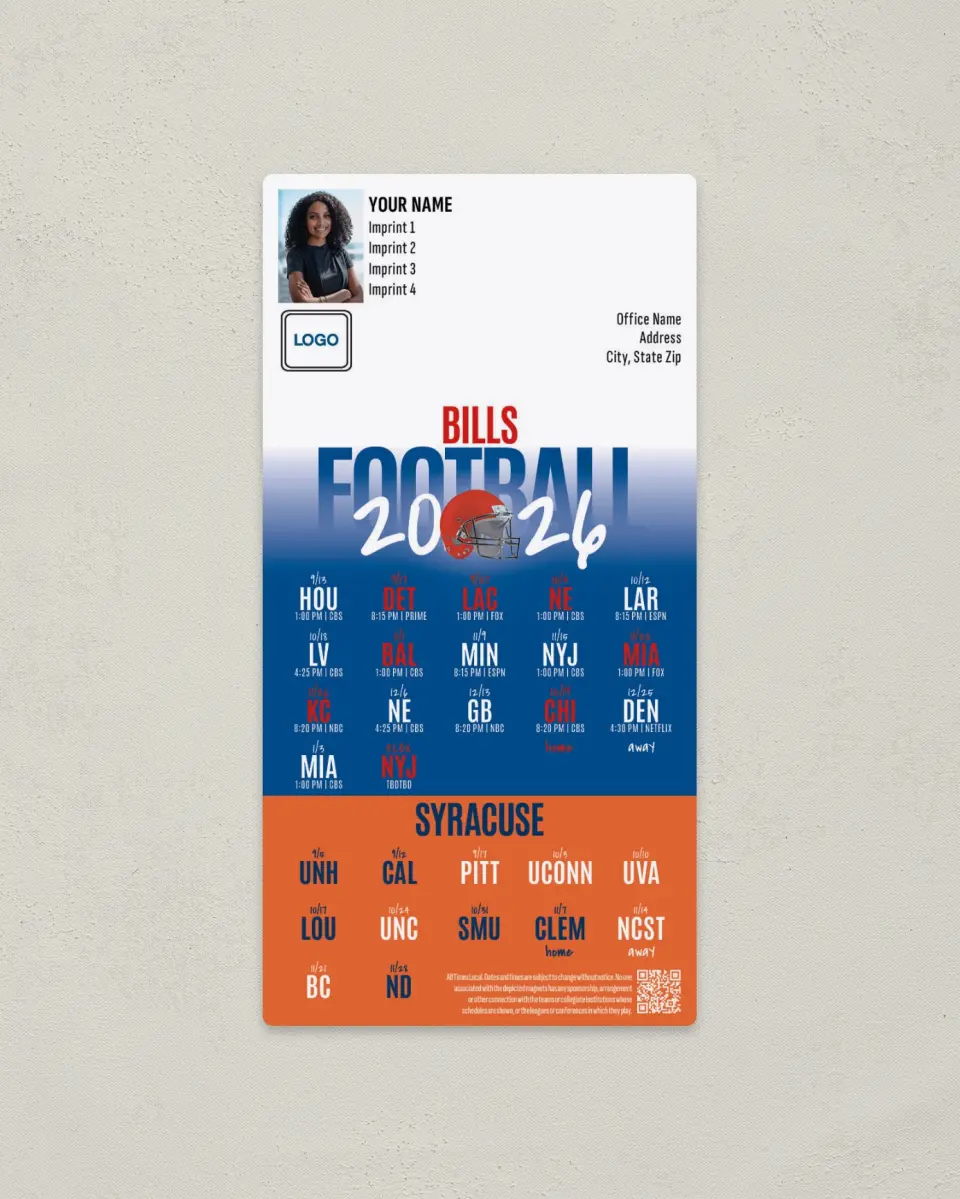 This is a 7" x 3½" Football Schedule Magnet called Bills + Syracuse printed in full color