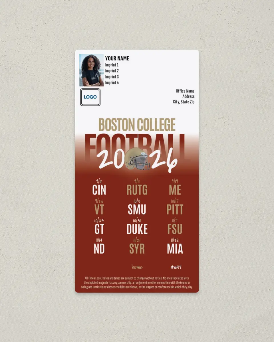 This is a 7" x 3½" Football Schedule Magnet called Boston College printed in full color