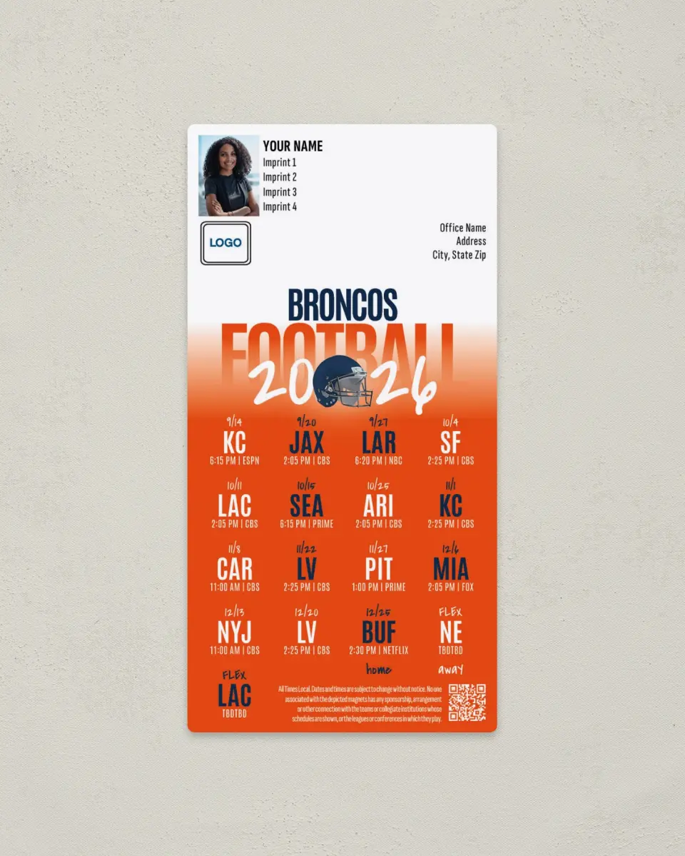 This is a 7" x 3½" Football Schedule Magnet called Denver Broncos printed in full color
