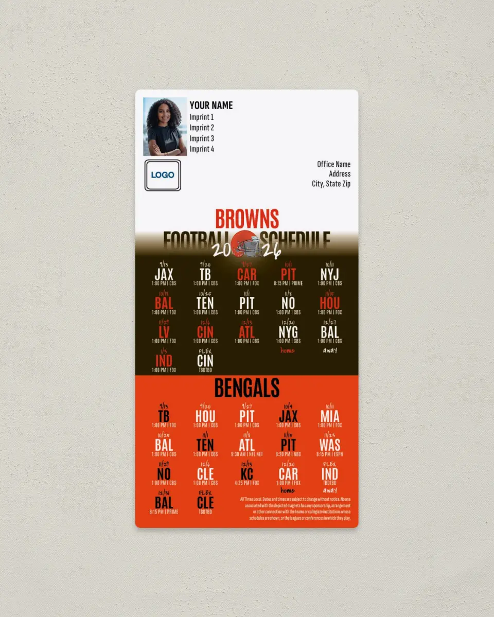 This is a 7" x 3½" Football Schedule Magnet called Browns + Bengals printed in full color