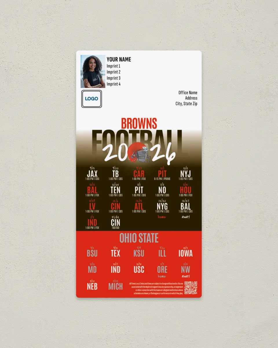 This is a 7" x 3½" Football Schedule Magnet called Browns + Ohio State printed in full color