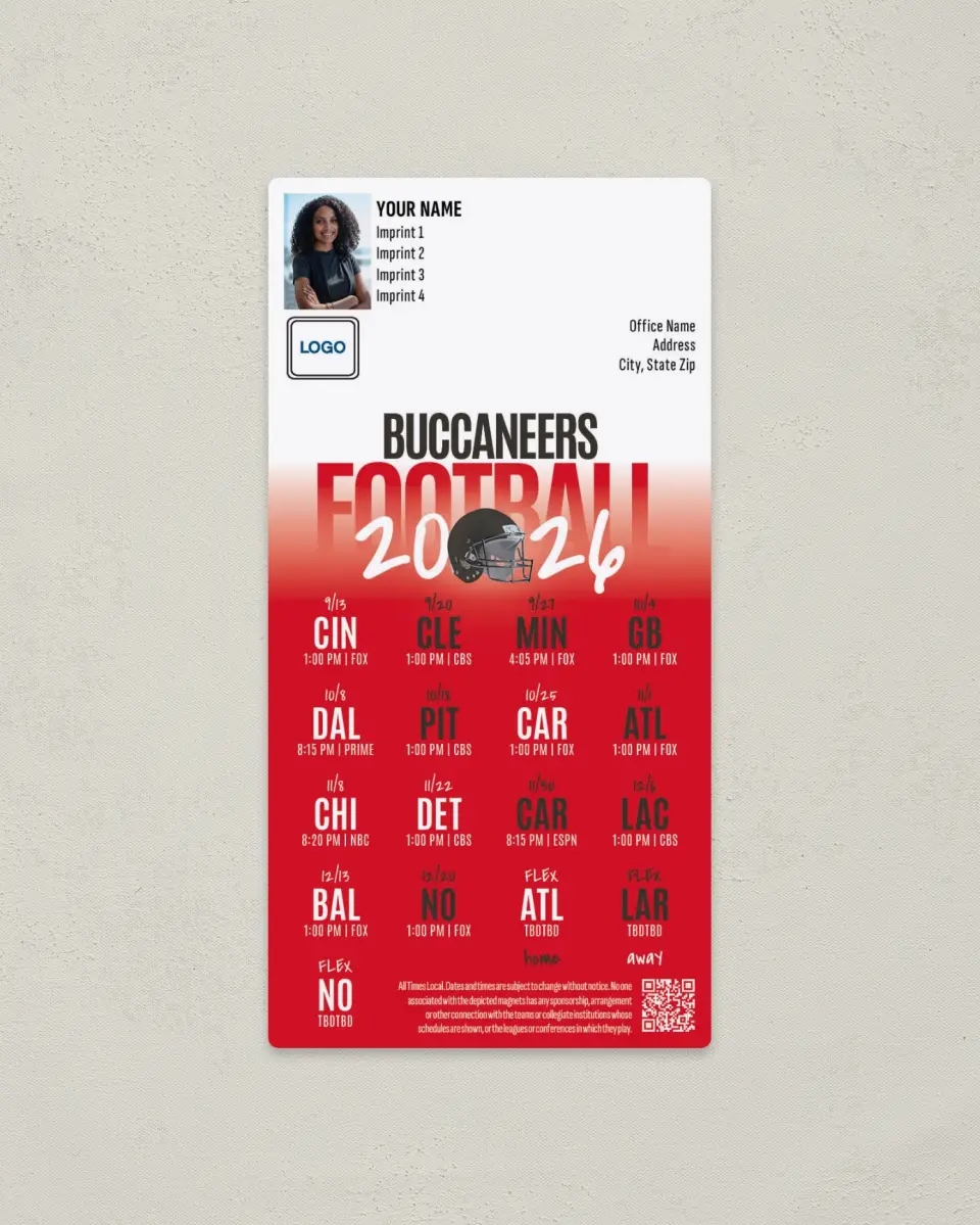 This is a 7" x 3½" Football Schedule Magnet called Tampa Bay Buccaneers printed in full color