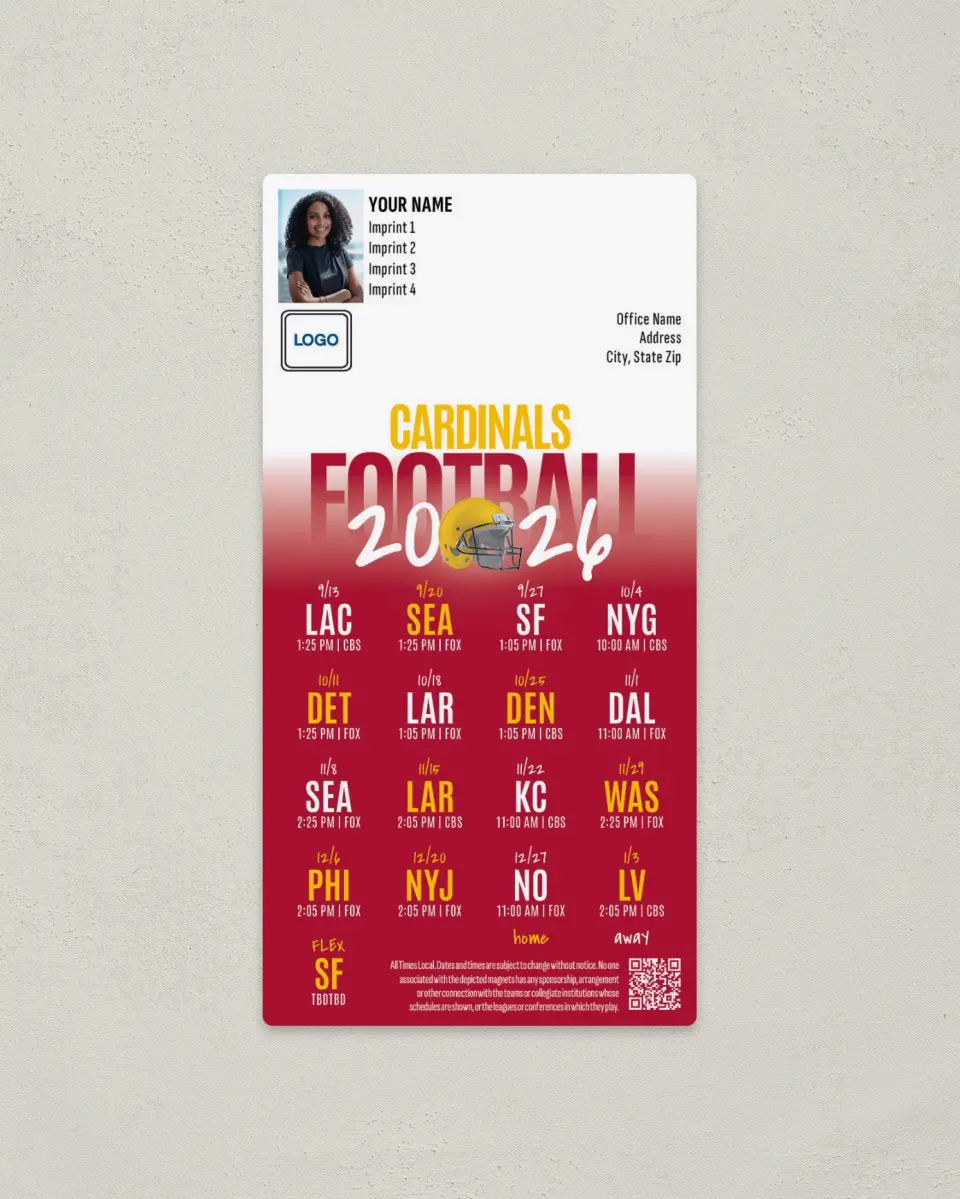 This is a 7" x 3½" Football Schedule Magnet called Arizona Cardinals printed in full color
