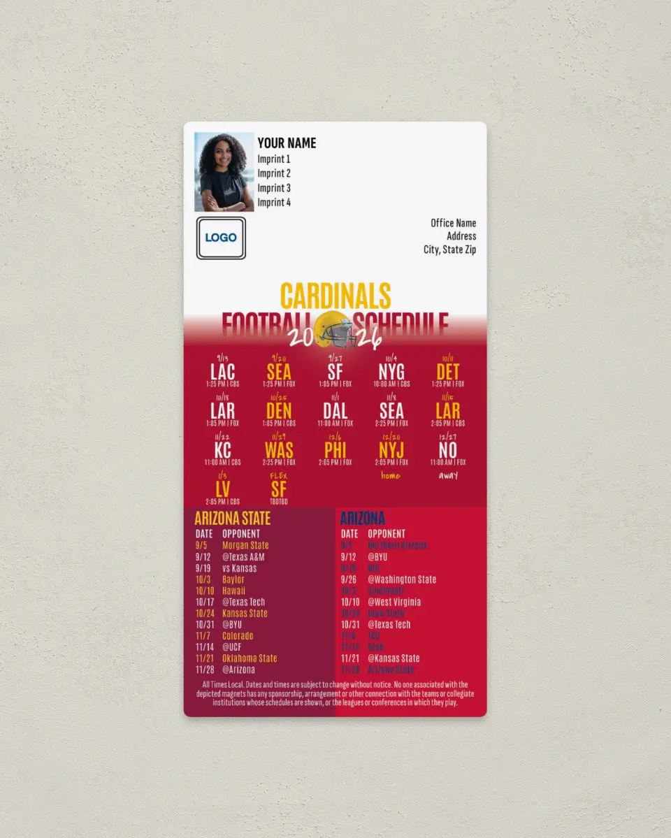 This is a 7" x 3½" Football Schedule Magnet called Cardinals + Arizona State Sun Devils + Arizona Wildcats printed in full color