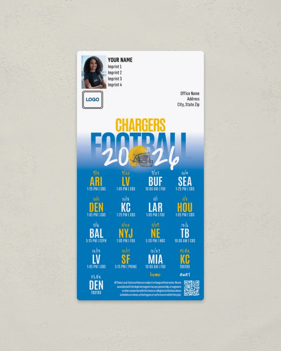 This is a 7" x 3½" Football Schedule Magnet called Los Angeles Chargers printed in full color