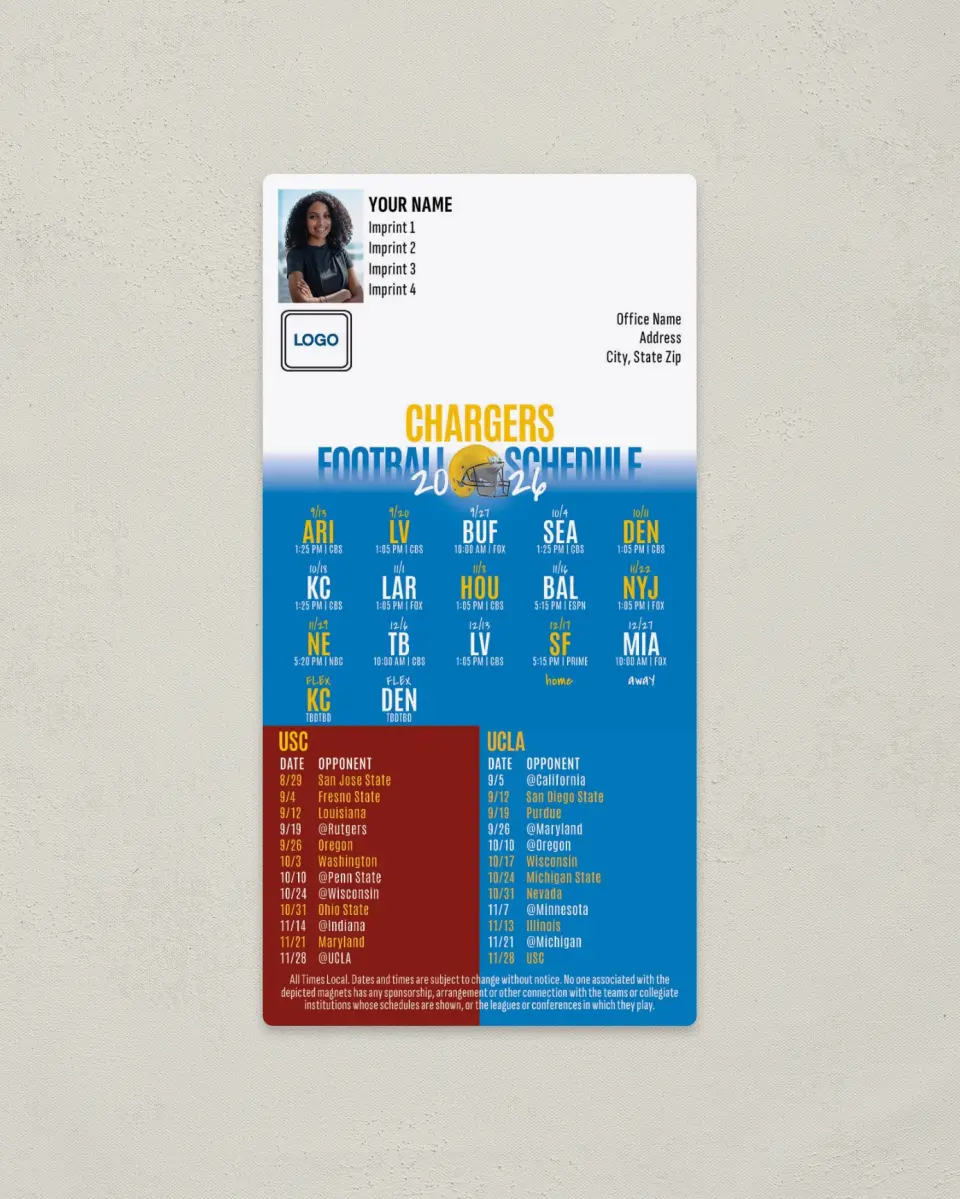 This is a 7" x 3½" Football Schedule Magnet called Chargers + USC + UCLA printed in full color