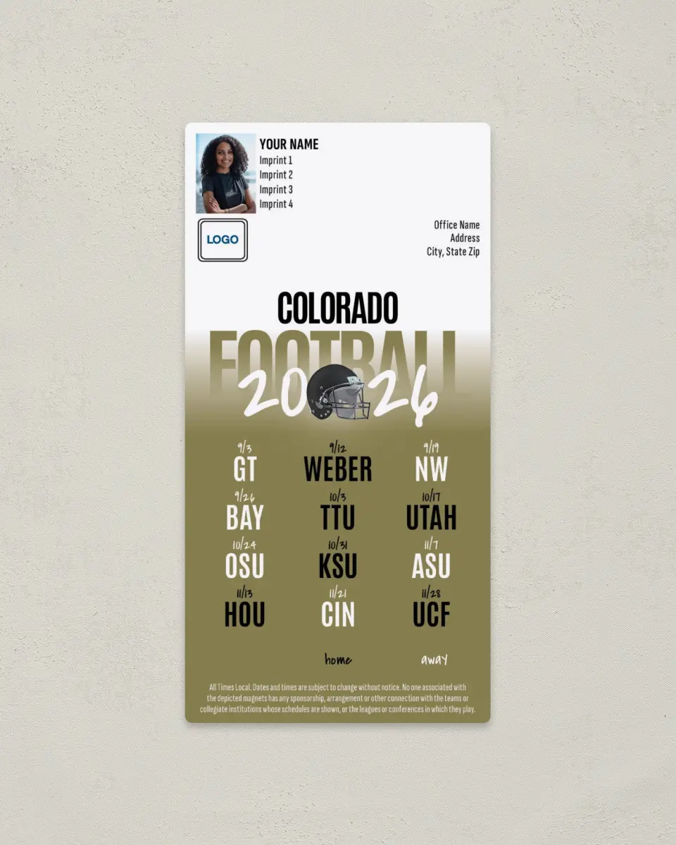 This is a 7" x 3½" Football Schedule Magnet called Colorado Buffaloes printed in full color
