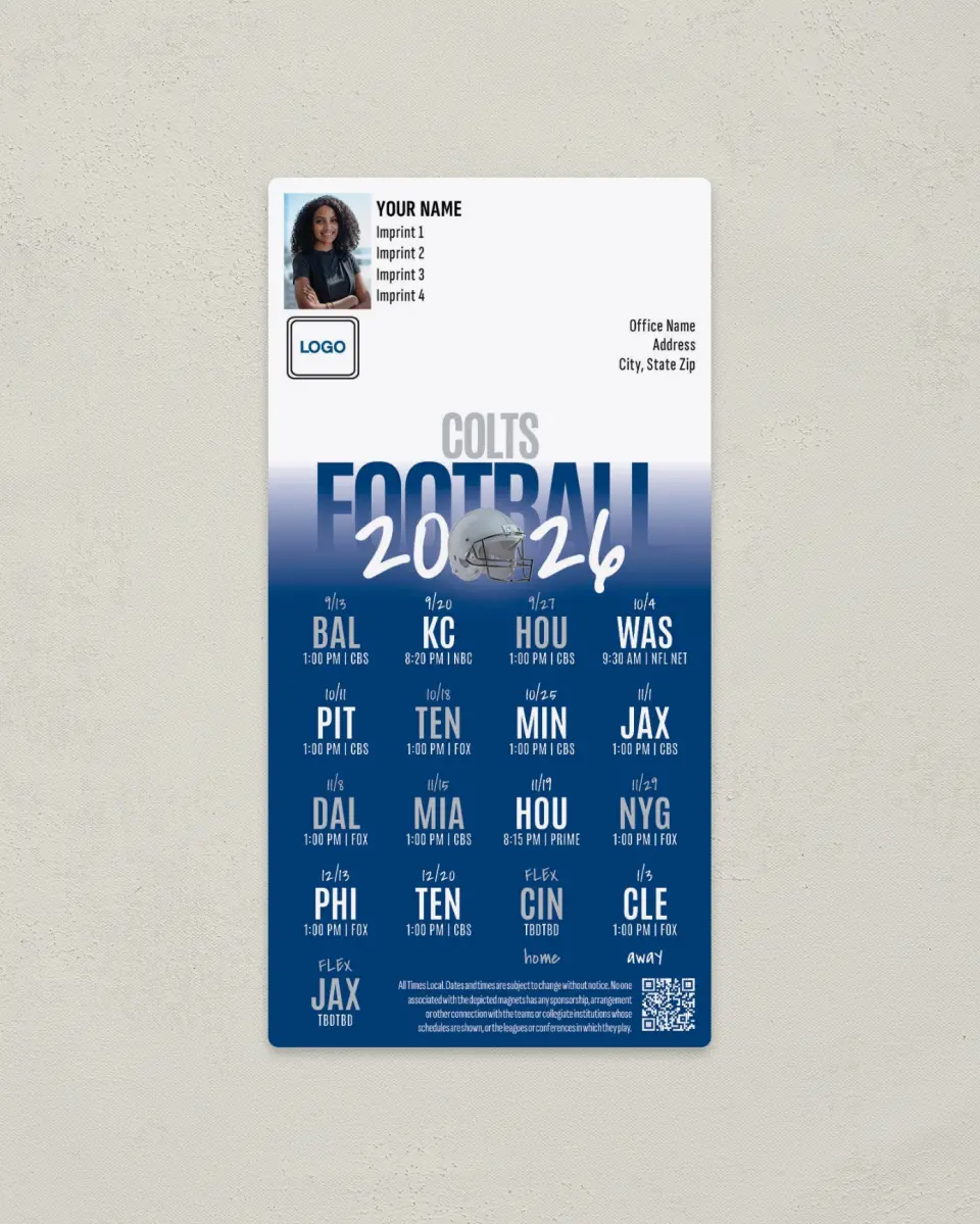 This is a 7" x 3½" Football Schedule Magnet called Indianapolis Colts printed in full color