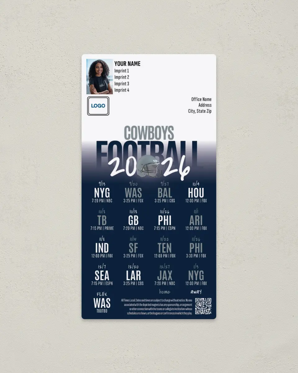 This is a 7" x 3½" Football Schedule Magnet called Dallas Cowboys printed in full color