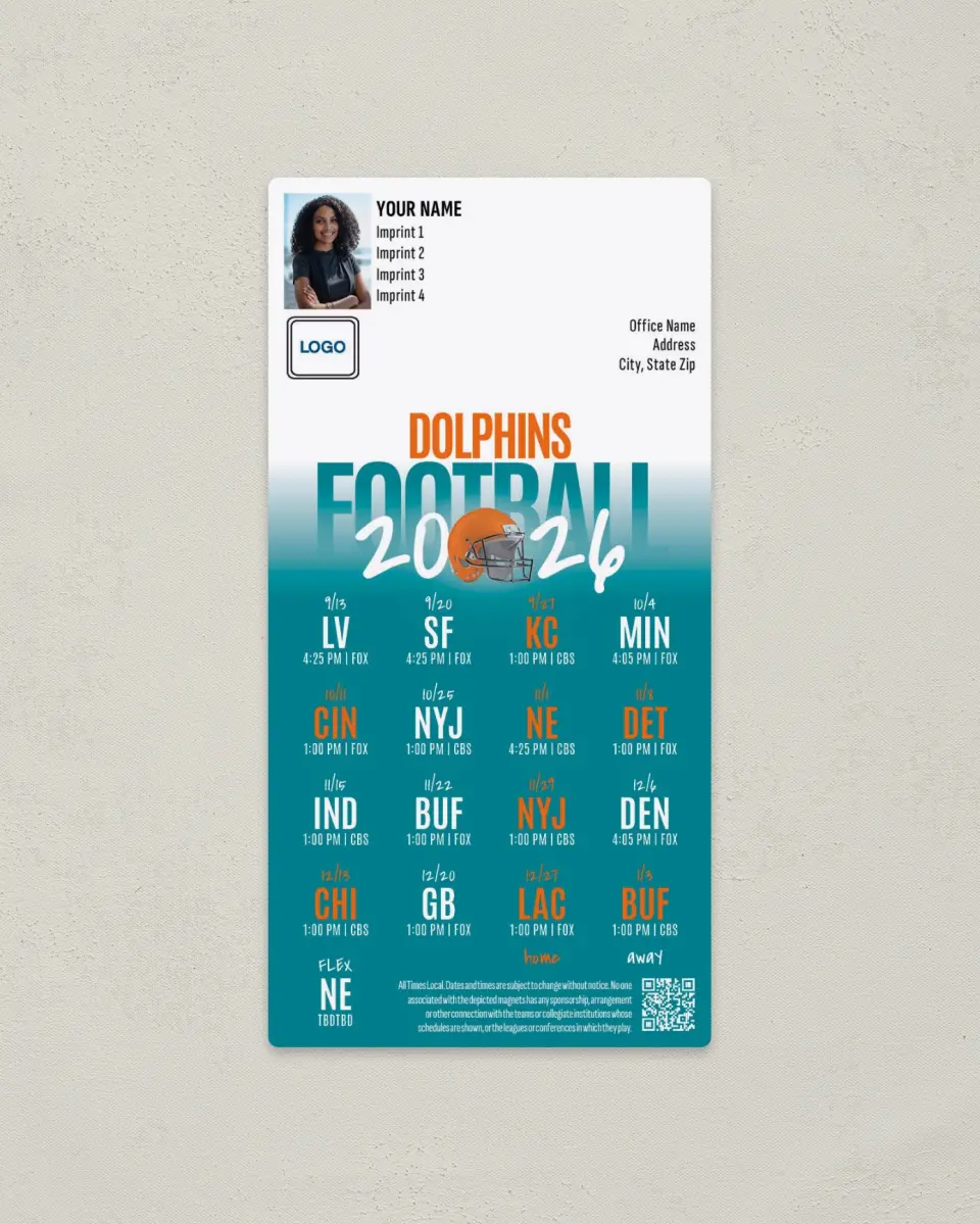 This is a 7" x 3½" Football Schedule Magnet called Miami Dolphins printed in full color