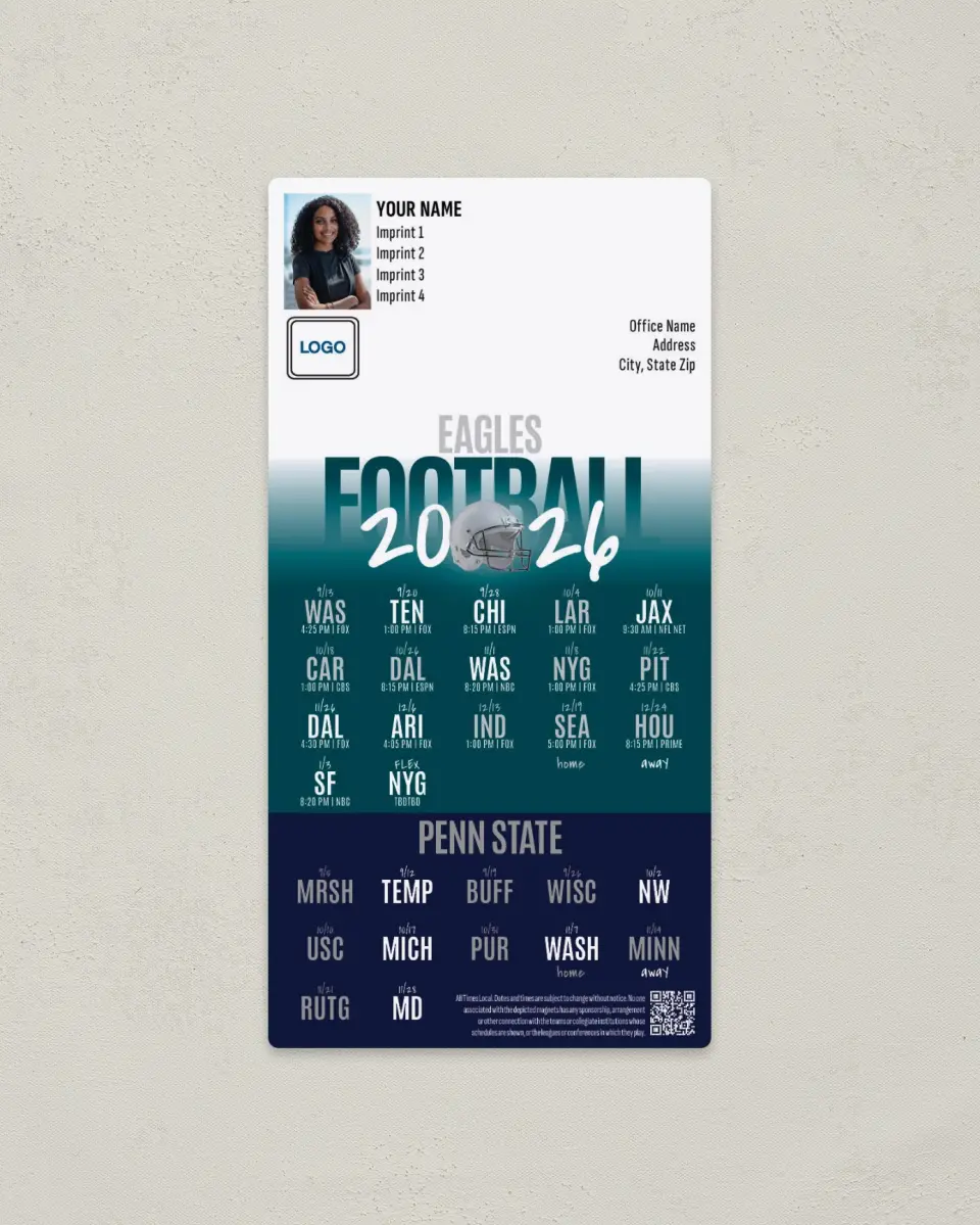 This is a 7" x 3½" Football Schedule Magnet called Eagles + Penn State printed in full color
