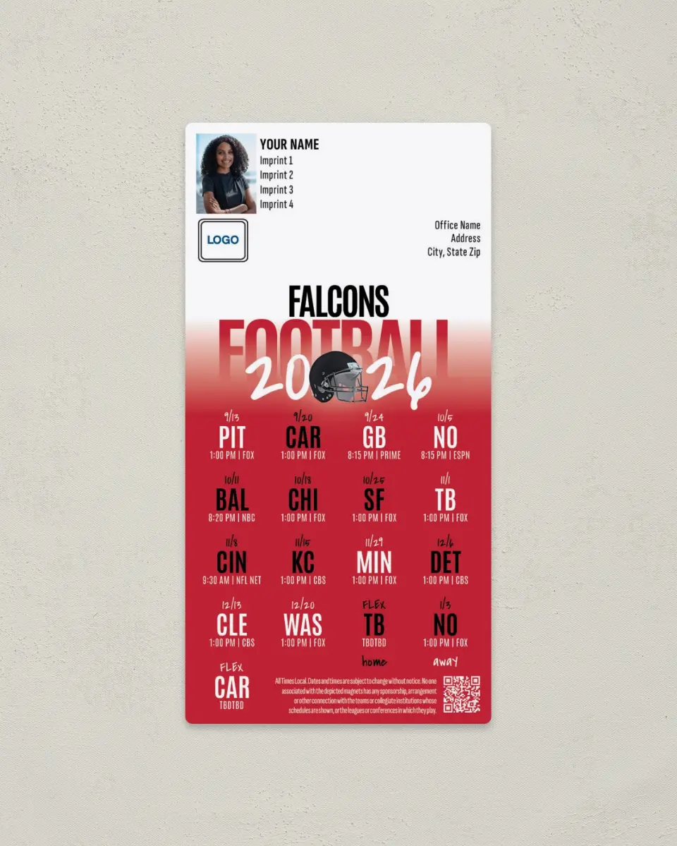 This is a 7" x 3½" Football Schedule Magnet called Atlanta Falcons printed in full color