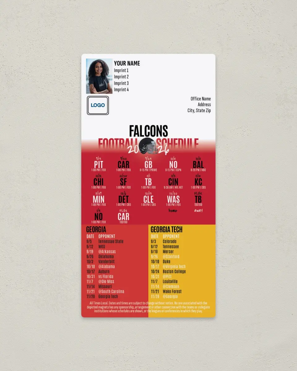 This is a 7" x 3½" Football Schedule Magnet called Falcons + University of Georgia + Georgia Tech printed in full color