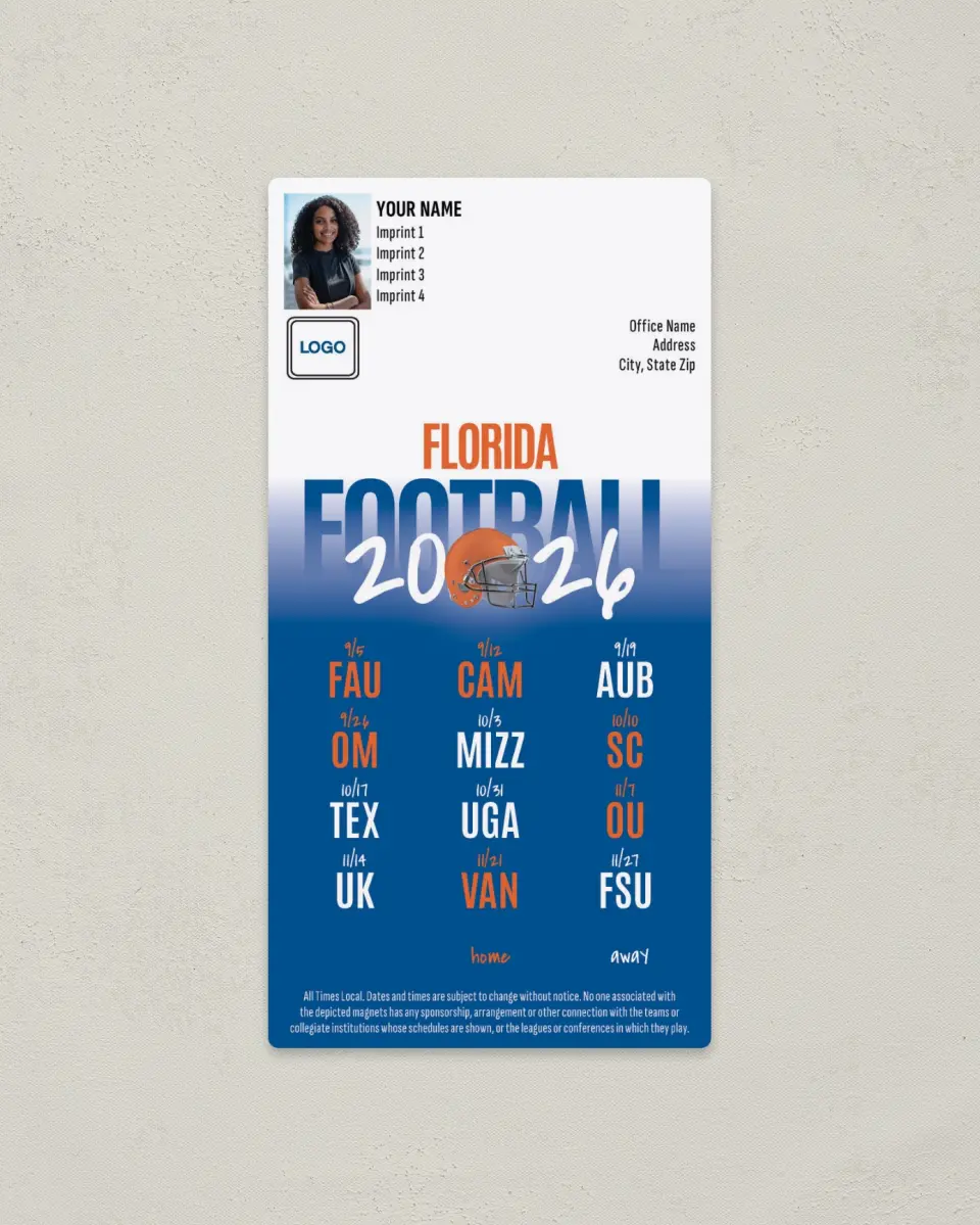This is a 7" x 3½" Football Schedule Magnet called Florida Gators printed in full color